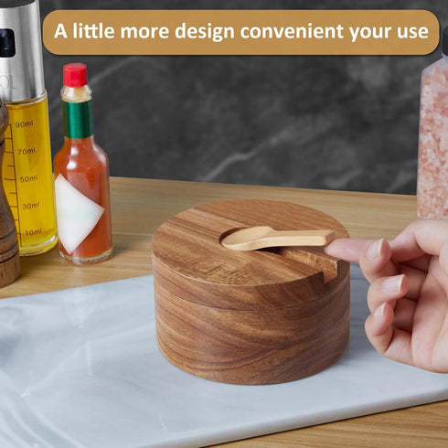 OUTNILI 2-Compartment 6 oz Acacia Salt Box with Lid and Spoon, Salt Cellar with Swivel Lid, Salt Container Holder