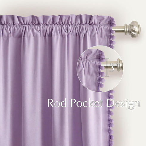 84 Inch (2 NICETOWN Lilac Purple Pom Pom Velvet Curtains Length for Nursery & Kids Room - Room Darkening Drapes Thermal