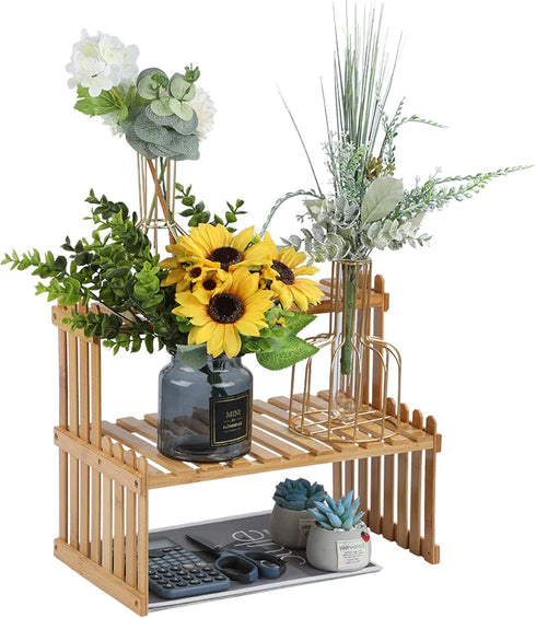 GURECOD 14.6"/18.5" 2 (14.6" Tiers Bamboo Plant Stand Shelf,Desk Flower Pot Holder,Adjustable Desktop Shelf Display