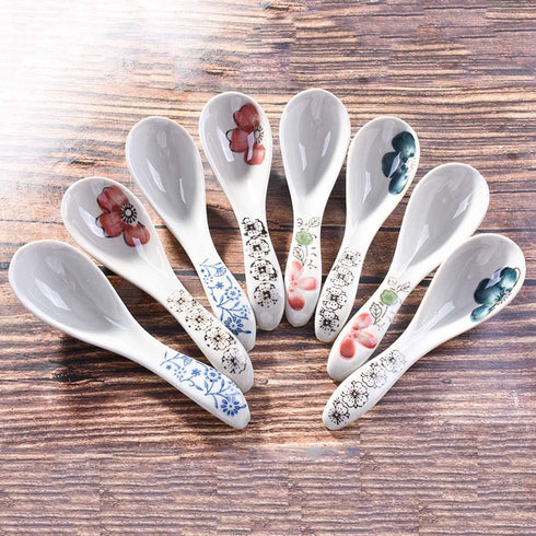 Japanese Style Soup Spoons set of 8, Ceramic Ramen Spoons Serving for Wonton, Salad, Porridge