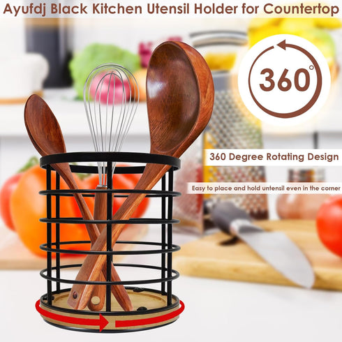 Black Kitchen Utensil Holder for Countertop, 360° Rotating Cooking Utensils Holder Caddy for Kitchen Counter-top, 5.2" x 6" Large Cylinder Spatula Holder Crock for Farmhouse Décor