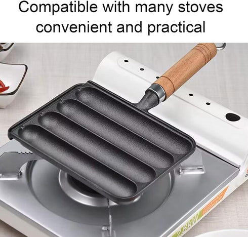 Cast Iron Sausage Grill Pan, Non Stick Baking Tray with Anti Scald Wooden Handle, Hot Dog Grill Pan-A