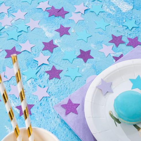 Star Confetti for Table Decoration, 200pc in Turquoise Blue, Lavender, Purple, 1.2 inch Diameter for Wedding Birthday