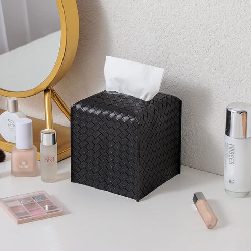 PU Leather Tissue Box Cover, Square Facial Tissue Holder for Bathroom, Vanity Countertop, and Car, Black
