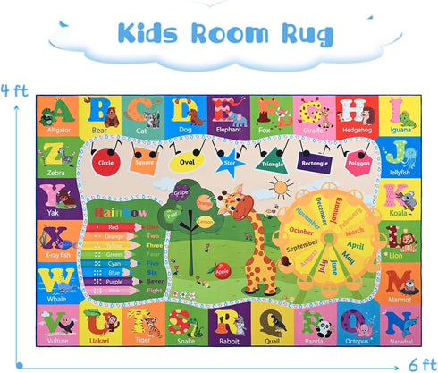 4x6 Kids Rugs for Playroom Classroom Bedroom, Educational and Fun Play Mat with ABC Alphabet Animals, Learning Rug