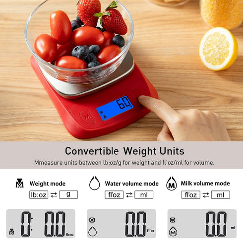 NUTRI FIT Ultra Slim Digital Kitchen Food Scale in Red/Stainless Steel, 1g Increment Measure for Coffee Making
