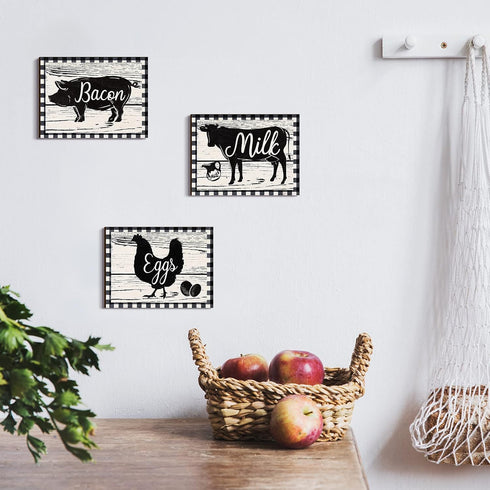 Jetec 3 Pieces Farmhouse Kitchen Decor, Wooden Pig Cow Chicken Signs, Rustic Buffalo Plaid Wall Art for Home Decorations