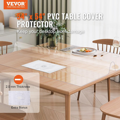 54 54 Inch 2.0 mm, VEVOR Plastic Table Cover, x Clear Square PVC Desk Mat Protector, Waterproof & Easy Cleaning Pad