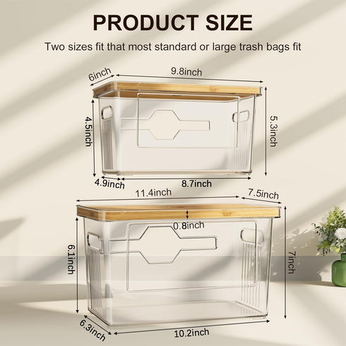 WBKATN 2 Pack Trash Bag Holder with Bamboo Lid, Stackable Acrylic Trash Bag Dispenser Roll Holder Under Sink, Plastic