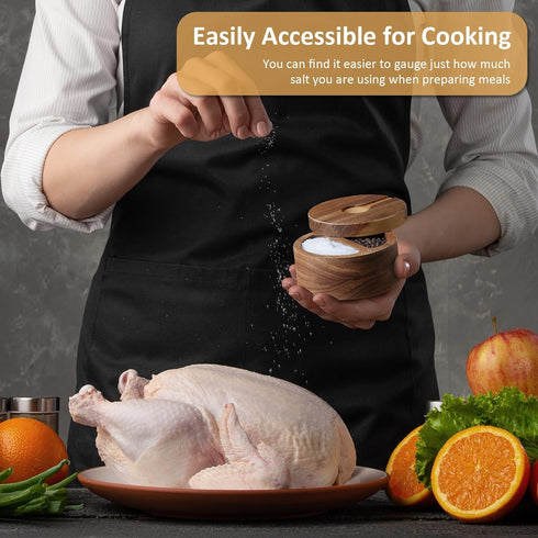 OUTNILI 2-Compartment 6 oz Acacia Salt Box with Lid and Spoon, Salt Cellar with Swivel Lid, Salt Container Holder