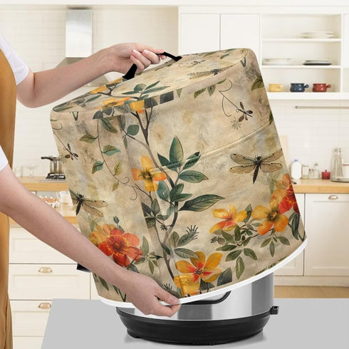 Floral Dragonfly Rice Cooker Cover, Waterproof 6 Quart Dust Cover for Kitchen Appliances, Wear Resistant, Keep Home
