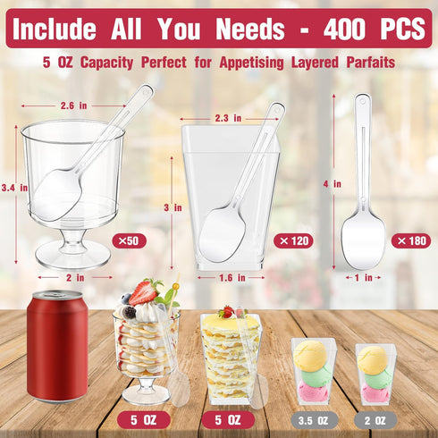 400Pcs 5oz Set 180 50 MAPVOLUT Clear Plastic Dessert Cups with Spoons & Toothpicks - Reusable Square & Round Mini