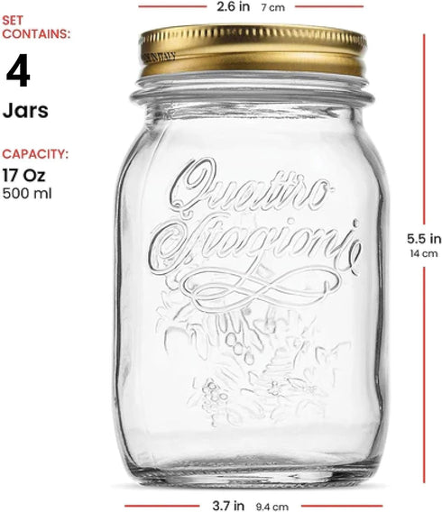 Bormioli Rocco Quattro Stagioni Set of 4 Clear Airtight Mason Jars, 17 Oz, Made in Italy