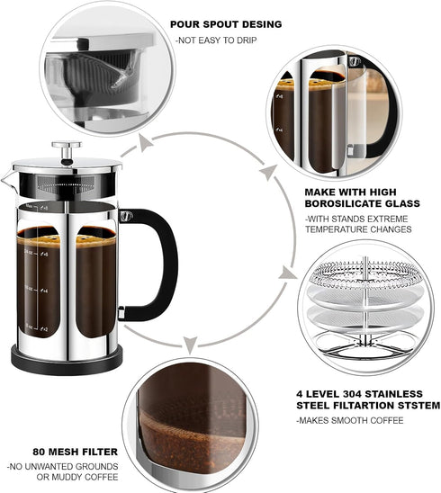 French Press Coffee Maker, 34oz (1 Quart, 5-6 Cup), Heat Resistant Borosilicate Glass, Cold Brew Coffee Tea Pot Gifts