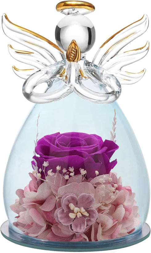 ANLUNOB Preserved Rose Gifts for Women, Mom, Grandma, Wife, Glass Angel Figurines with Pretty Purple Flowers for