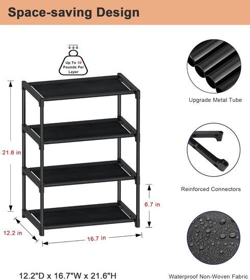 4 Closet HITHIM Tiers Small Shoe Rack,Narrow Stackable Shoe Shelf Organizer,Sturdy Shoe Stand, Non-Woven Fabric Metal