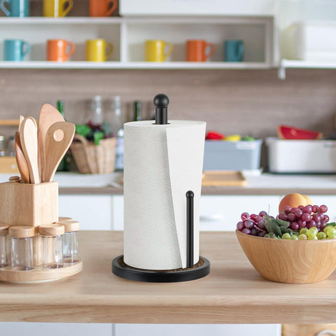 Paper Towel Holder Countertop, Standing Wooden Base Paper Towel Rack for Kitchen and Bathroom, Fits Standard Rolls