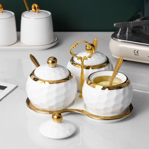 Golf Porcelain Sugar Bowl Condiment Pot, Salt Container with Lid, Spoon and Tray, Set of 3, Modern Spice Box Seasoning