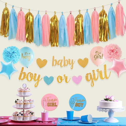 Baby Gender Reveal Decorations - Glitter Letters Banner with Hearts, Tissue Paper Tassels Garland Set