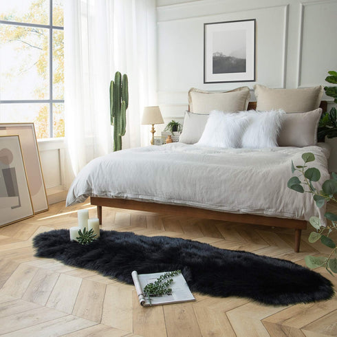 Ashler Faux Fur Rug, Black Area Rugs, Fluffy Sheepskin Fur Rug, 2 x 6 Ft, Machine Washable Shag Rug