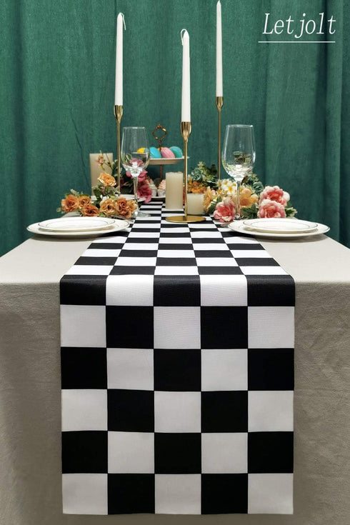 Table Runner Black and White Checkerboard Racing Theme, 12 x 72 Inches for Anniversary, Dinner Parties, and Outdoor