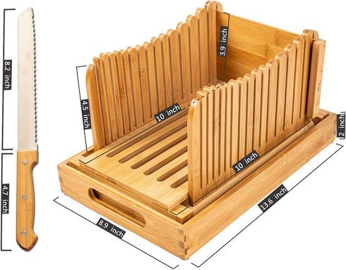 Kitchen Seven 3 Bamboo Bread Slicer with Crumb Tray Bamboo Bread Cutter for Homemade Bread, Loaf Cakes, Bagels Slicer