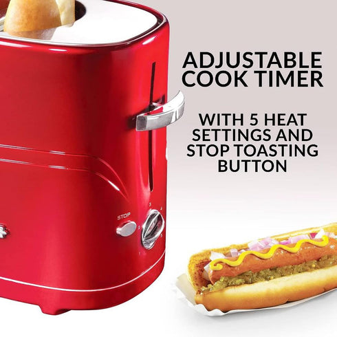 Nostalgia Adjustable Retro Pop Up Hot Dog Toaster - Fits 2 Regular or Extra Plump Hot Dogs and 2 Buns, Red