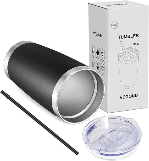 VEGOND 20oz Tumbler with Lid and Straw, Stainless Steel Vacuum Insulated Travel Coffee Mug, Black