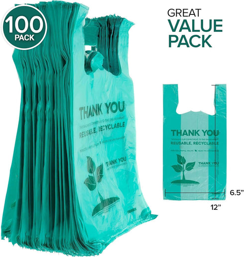 Stock Your Home Eco Grocery Bags Disposable T-Shirt Thank You Bag with Handles for Supermarket, Groceries, Produce