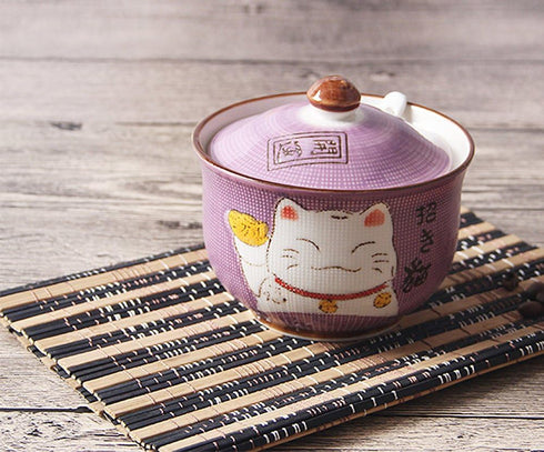 Japanese Maneki Neko Lucky Cat Sugar Salt Pepper Storage Jar - With Lid And Spoon