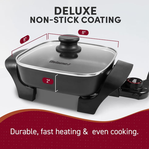 Elite Gourmet EG808 8” x 8" Non-stick Electric Skillet, Dishwasher Safe with Tempered Glass Vented Lid, Black