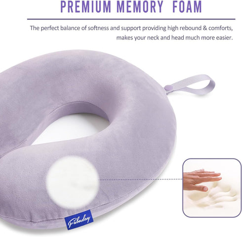 Travel Pillow Memory Foam for Airplanes - Neck Pillow for Traveling with Attachable Snap Strap (Gray Purple)