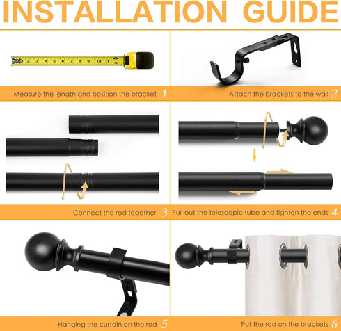 Curtain Rods for Windows 48 to 84, 1 Inch Black Heavy Duty Drapery Rod Set with Adjustable Ball Finials