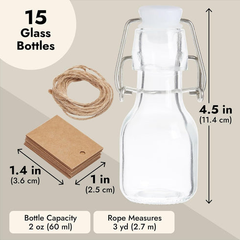 BLUE PANDA 15 Pack Small Swing Top Glass Bottles - 2 oz/60 ml with Lids, Stoppers, Tags & Jute Twine