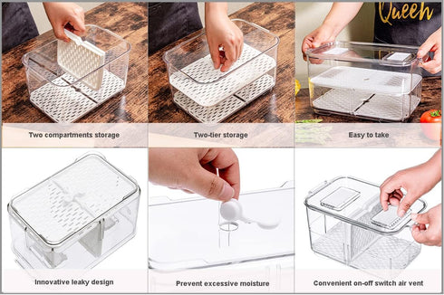 SANNO Fridge Produce Saver Storage Containers - Stackable Vegetable Fruit Bins, Set of 4 Fresh Keeper Organizer Drawers