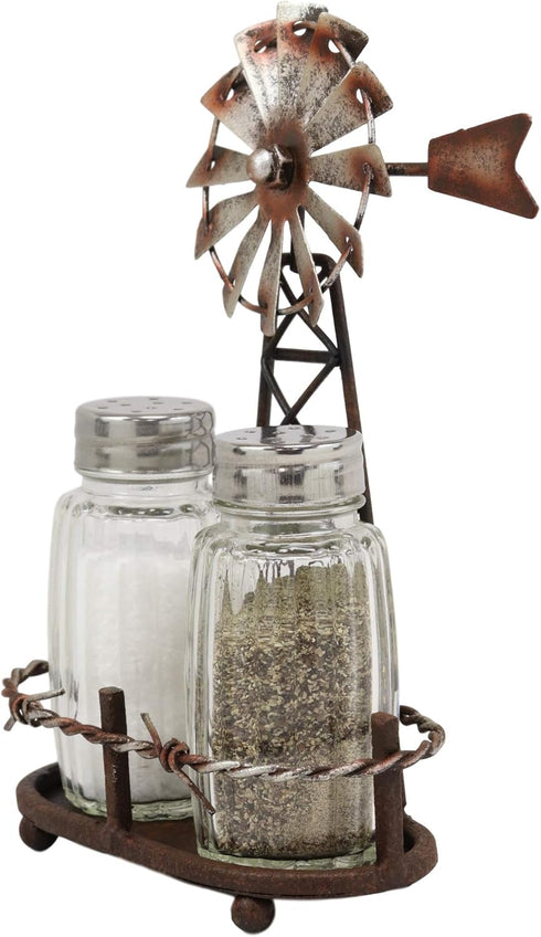 Ebros 6.5" Tall Rustic Country Farm Windmill Salt And Pepper Shakers Holder Display Stand Set in Aged Bronze Finish