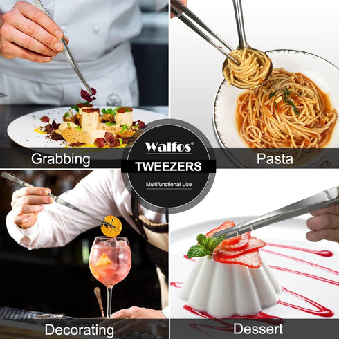 WALFOS Stainless Steel Tweezer Tongs for Cooking - 3 Pcs Pasta Tweezers for Roasting and Grabbing Small Objects