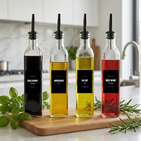 Mlle Label Set 500ml Set 4 Olive Oil & Vinegar Dispenser Bottle with Stainless Steel Pourer, Funnel & Labels - Glass