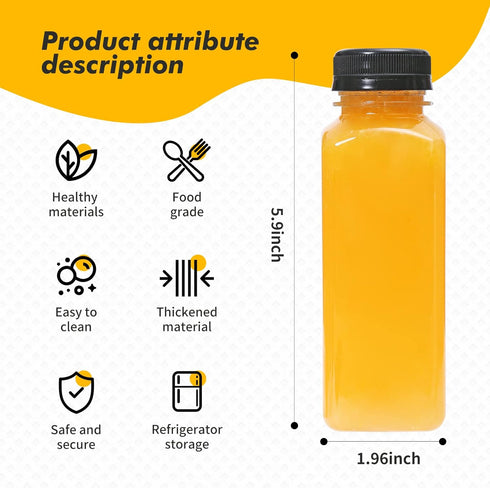 MANSHU 10 OZ Plastic Juice Bottles, Reusable Bulk Beverage Containers, 10Pcs with Black Tamper Evident Lids