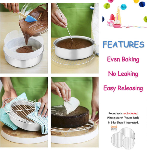 E-far 6 Inch Cake Pan Set of 3, Stainless Steel Round Smash Cake Baking Pans, Non-Toxic & Dishwasher Safe