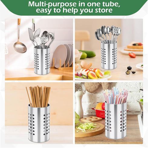 EORTA Stainless Steel Kitchen Utensil Holder, Flatware Cylinder Draining Organizer with Round Drain Holes