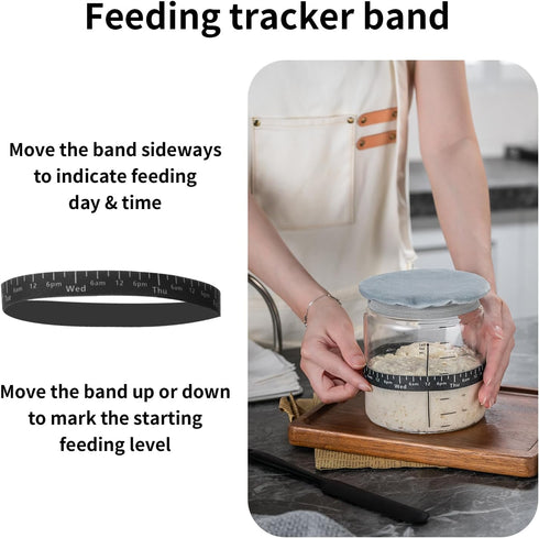 Wissy&Konny Sourdough Starter Jar, 35OZ with Ounce Scale Line, Date Marked Feeding Band, Thermometer, Wood Lid