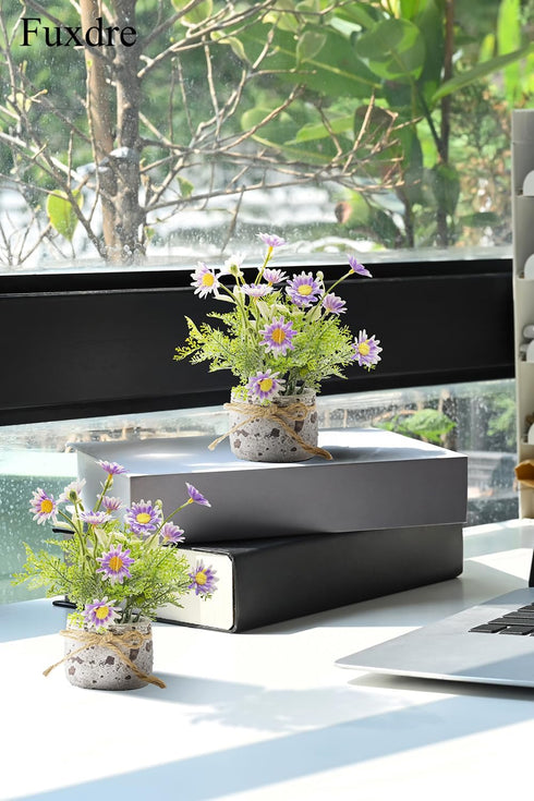 2Pcs,Daisies Daisy Artificial Flowers in Cement Vases Faux Flowers Farmhouse Home Coffee Table Bookshelf Office Desk