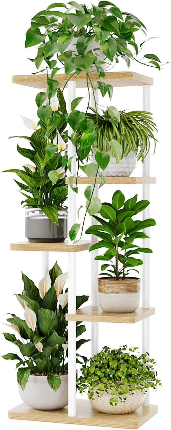 Bamworld Corner Plant Stand Indoor 5 Tier white Plant Shelf for Multiple