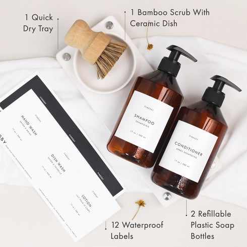 Set Counter Set FINESSY Modern Hand and Dish Soap Dispenser for Kitchen with Tray and Bamboo Brush, Kitchen Soap