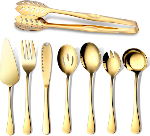 OGORI Gold Serving Utensils Set, 8-Piece Polished Stainless Steel Flatware Include Serving Spoon, Fork, and Knife