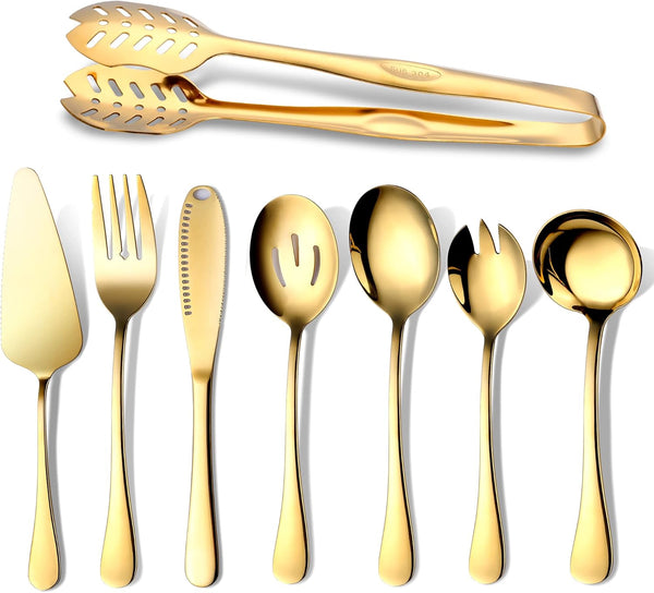 OGORI Gold Serving Utensils Set, 8-Piece Polished Stainless Steel Flatware Include Serving Spoon, Fork, and Knife