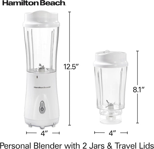 Hamilton Beach Portable Blender for Shakes and Smoothies, 14 Oz BPA Free Travel Cup, 2 Jars, White (51102V)