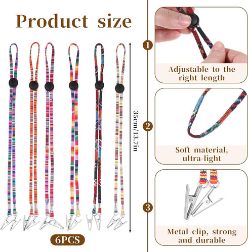 EupHHonycs 6 6 Pieces Folk Style Napkin Clip, Lanyard Neck Strap, Adjustable Flexible Bib Holder Clips for Napkin, Clip