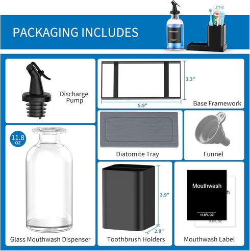 Set 11.8OZ Nozzle Bathroom Glass Mouthwash Dispenser with Cup,Black Toothbrush Holder Stainless Steel with Clear Mouth